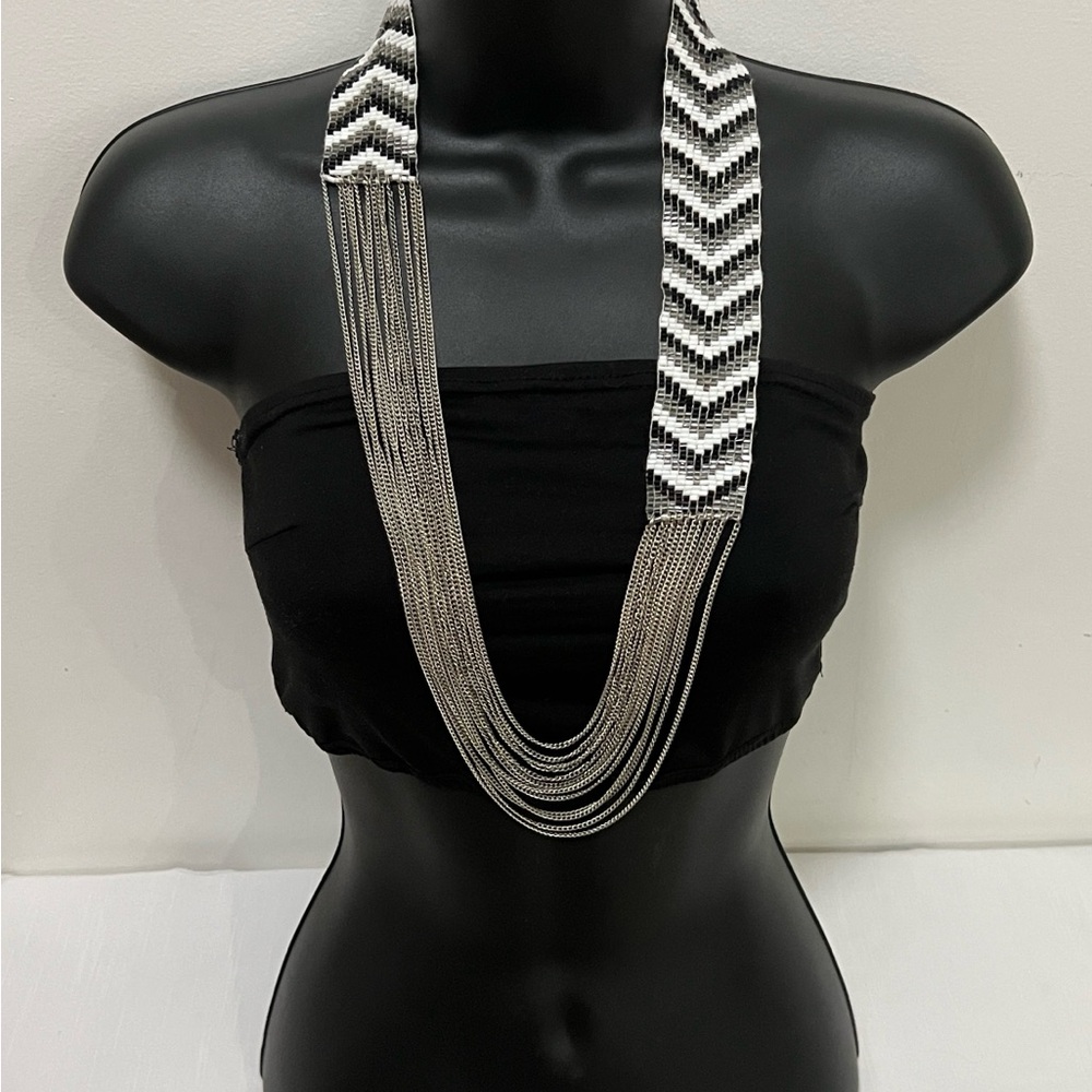 Black White Silver Chevron Silver Beaded Necklace